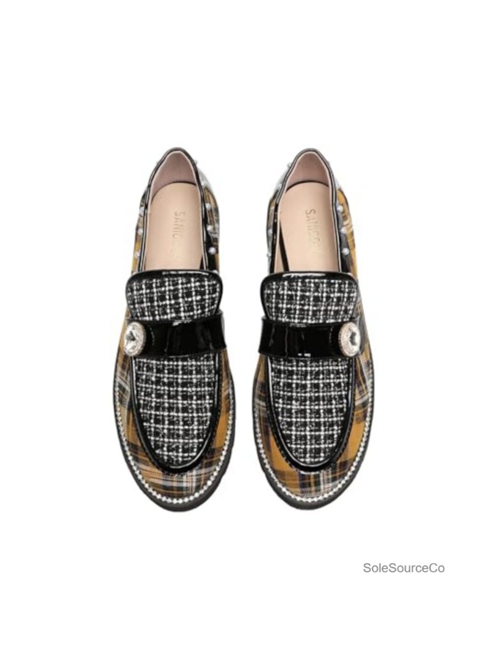 Women's Plaid Lug Sole Penny Loafers Rhinestone Pearl Slip On Dressy Shoe